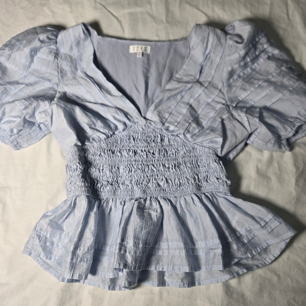 TCEC Light Blue Smocked Waist Peplum Top Puff Sleeve V-Neck Blouse Medium